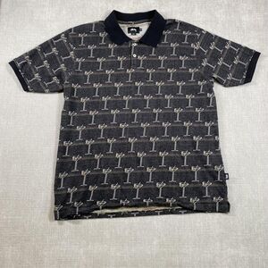 Stussy Polo Shirt Mens 2XL Gray Cocktail Martini Glass Allover Embroidered Knit